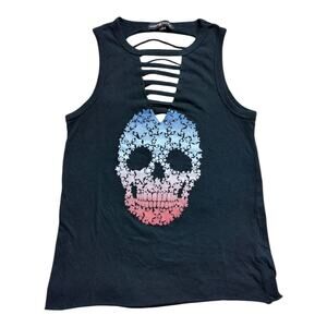 Women's Almost Famous Blue, White, Red, Star Skull Tank Top, Cut Out Back, M